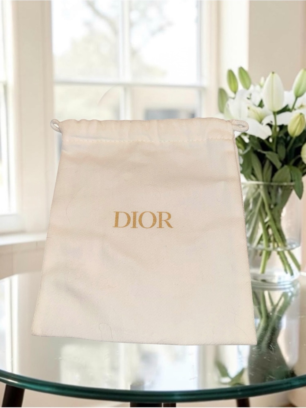 Dior Drawstring Dust Bag in Cream with Gold Logo